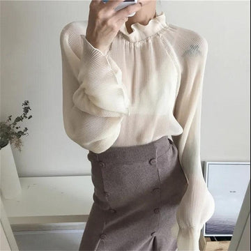 Yipinpay Ladies Chiffon Shirts Retro Elegant Ruffled Collar Lace Bottoming Shirt Women New Lantern Sleeve Tops